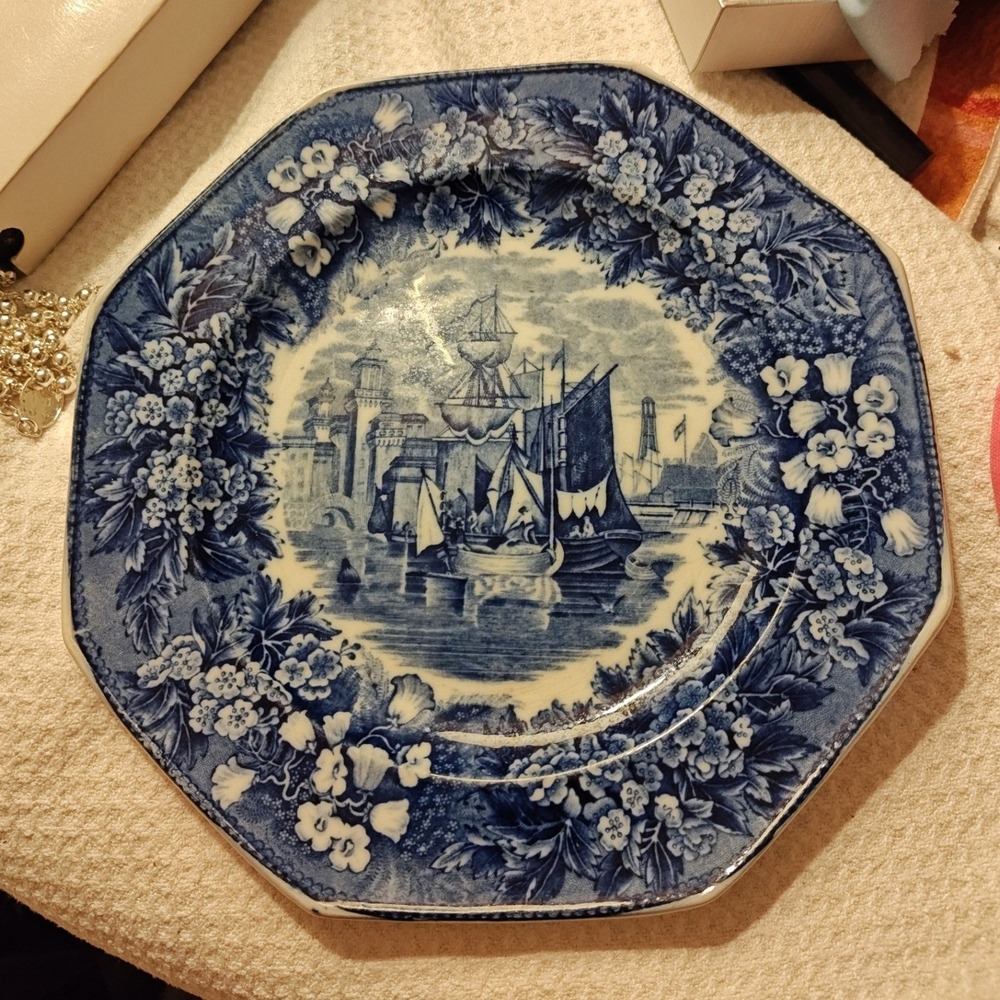 Plate Blue Wedgwood Maritime Harbor Transferware Octagonal Floral Border England